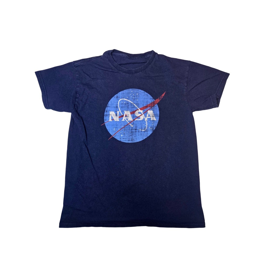 NASA Meatball Logo Graphic T-Shirt Navy Blue Distressed Space Tee Kids Small
